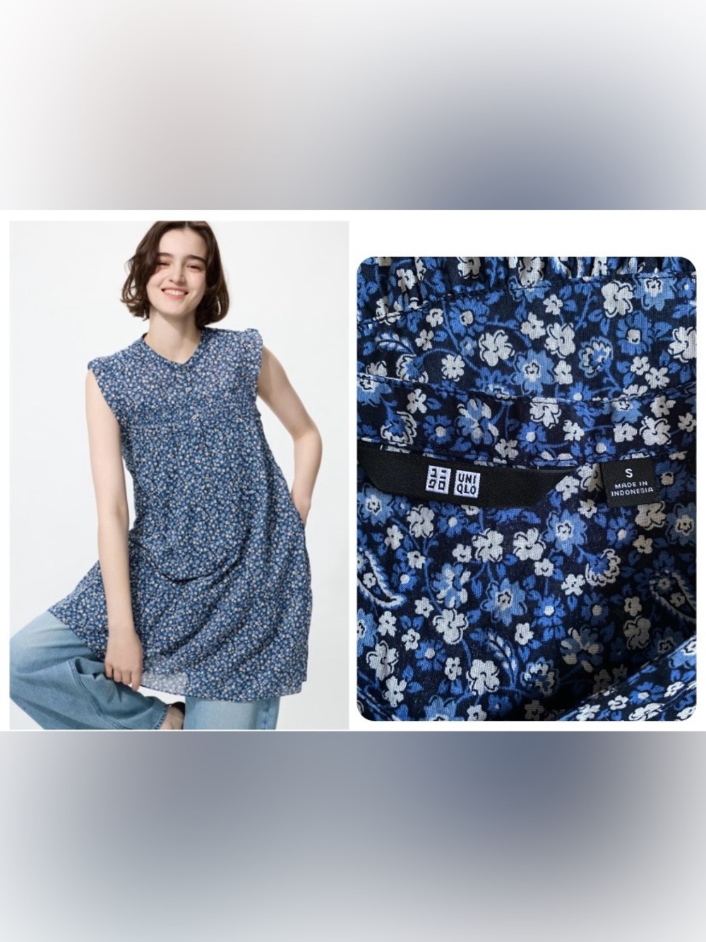 Uniqlo Blue Floral Smocked Sleeveless Midi Lightweight Dress Woman size S